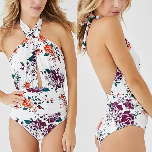 Cupshe Other - Cupshe | NWT White Floral Print Ruched Halter Cross Cutout One-Piece Swimsuit